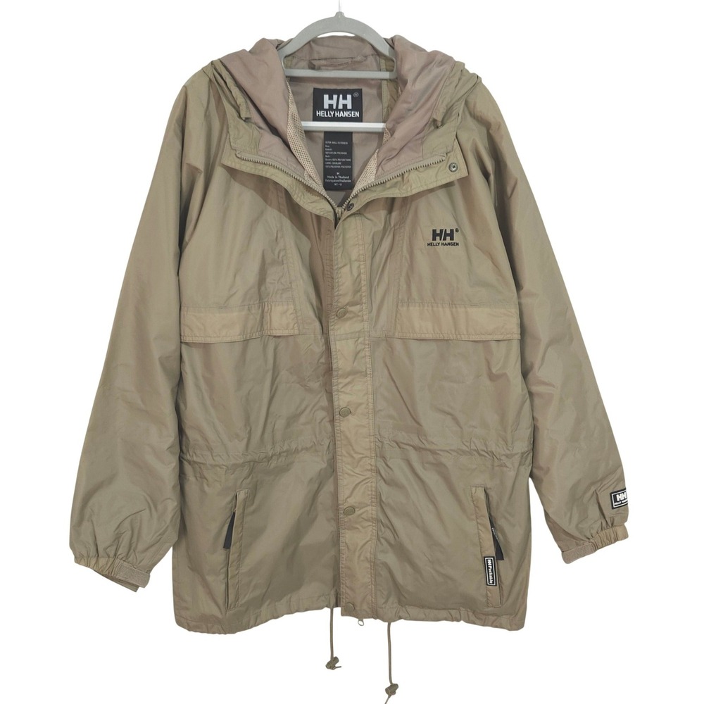 Helly Hansen Packable Hooded Windbreaker Men Medium Beige Mesh Lined Rain Jacket
